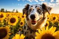 a dog standing in a field of sunflowers, spring time, landscape Royalty Free Stock Photo