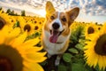 a dog standing in a field of sunflowers, spring time, landscape Royalty Free Stock Photo