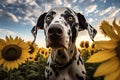 a dog standing in a field of sunflowers, spring time, landscape Royalty Free Stock Photo