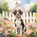 A dog standing in front of a fence surrounded with flowers