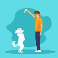 Dog standing on hind legs asking for food. Young man is training his puppy. Flat vector Illustration. Royalty Free Stock Photo