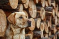 Dog Standing Next to Pile of Logs