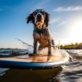 A dog standing on the sup board floating in the sea. AI generated. Royalty Free Stock Photo