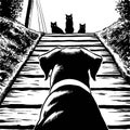 Dog stands still in front of the cats in the evening scene black and white Royalty Free Stock Photo
