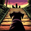 Dog stands still in front of the cats in the evening scene colored Royalty Free Stock Photo