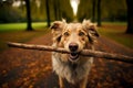 Dog stick mouth park. Generate Ai Royalty Free Stock Photo