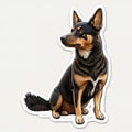 a dog sticker with a black and brown dog sitting down on a white background with a white border