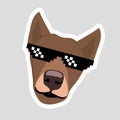 Dog sticker in pixel glasses Super-duper brown dog in a white frame on gray background Vector isolated icon Hand drawn Royalty Free Stock Photo