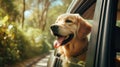 A dog sticking its head out of a car window. Generative AI image. Royalty Free Stock Photo