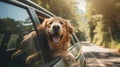 A dog sticking its head out of a car window. Generative AI image. Royalty Free Stock Photo