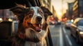 Dog sticking its head out of car window lookin. Generative AI. Royalty Free Stock Photo