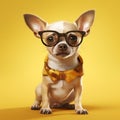 cute dog animal portrait chihuahua glasses yellow pet background puppy studio. Generative AI. Royalty Free Stock Photo