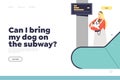 Dog on subway concept of landing page with girl holding pet dog on escalator riding to underground