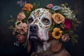 Dog with sugar skull painted face for Day of Dead, Dia de los Muertos festive background, Generative AI