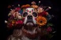 Dog with sugar skull painted face for Day of Dead, Dia de los Muertos festive background, Generative AI