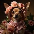 A dog in a suit of flowers. Photo session for pets.