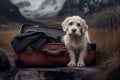 Dog with a suitcase traveling in the mountains, summer holiday, adventure and wanderlust concept, generative AI