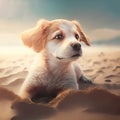Dog summer play activity. Dog labrador retriever cute breed lying in sand summer beach background.