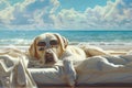 Dog Sunbathing in Beach Bed