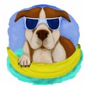 Dog with sunglasses on banana pool float Royalty Free Stock Photo