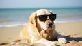 dog in sunglasses on the beach resting vacation resort . Travel promotion banner template Generative AI Royalty Free Stock Photo