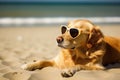 dog in sunglasses on the beach resting vacation resort . Travel promotion banner template Generative AI Royalty Free Stock Photo