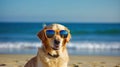 dog in sunglasses on the beach resting vacation resort . Travel promotion banner template Generative AI Royalty Free Stock Photo