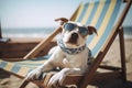 Dog with sunglasses in deck chair at beach. Generative AI Royalty Free Stock Photo