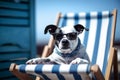 Dog with sunglasses in deck chair at beach. Generative AI Royalty Free Stock Photo