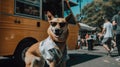 A Dog With Sunglasses Going To A Food Truck Festival. Generative AI