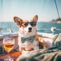Dog with Sunglasses Having Fun on a Yacht with a Drink - A Funny Summer Concept with a Sea Background. Generative AI