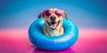 A dog with sunglasses and inflatable ring isolated on blue and pink background. AI generated Royalty Free Stock Photo