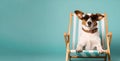 A dog in sunglasses lies in a beach lounger on a blue background, banner, Generative AI 1 Royalty Free Stock Photo