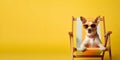 A dog in sunglasses lies in a beach lounger on a yellow background, vacation, banner, Generative AI Royalty Free Stock Photo