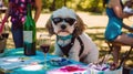 A Dog With Sunglasses Participating In A Wine And Painting Event. Generative AI