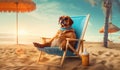 A dog in sunglasses sits on the beach with a cocktail is sitting in a beach chair. Horizontal banner. The concept of a summer Royalty Free Stock Photo