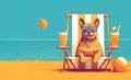 A dog in sunglasses sits on the beach with a cocktail is sitting in a beach chair Royalty Free Stock Photo