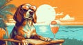 A dog in sunglasses sits on the beach with a cocktail is sitting in a beach chair. Royalty Free Stock Photo