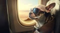 Dog in sunglasses sitting in airplane and traveling on vacation, generative ai Royalty Free Stock Photo