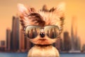 Dog in sunglasses stand in front travel background