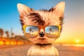 Dog in sunglasses stand in front travel background Royalty Free Stock Photo