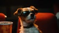 A Dog With Sunglasses Watching A Movie At The Theater. Generative AI