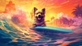 dog surfer ocean vacation animal funny summer beach wave puppy. Generative AI.