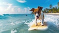 Dog surfer rides sea wave, funny pet surfs in ocean, view of happy puppy sliding on blue water and sky. Concept of sport, travel, Royalty Free Stock Photo