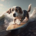 Dog surfer summer activity. Dog australian shepherd in summer beach surfing activity in sea water