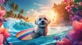 dog summer wave surfer vacation ocean puppy funny animal beach. Generative AI.