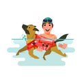 Dog swimming with owner. pet learn to swim concept -