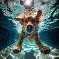 A dog swimming underwater in a pool, non-standard angle, authentic photo, non-standard angle of view Royalty Free Stock Photo