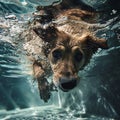 A dog swimming underwater in a pool, non-standard angle Royalty Free Stock Photo