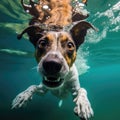 This playful image captures a dog swimming underwater with pure joy and happiness